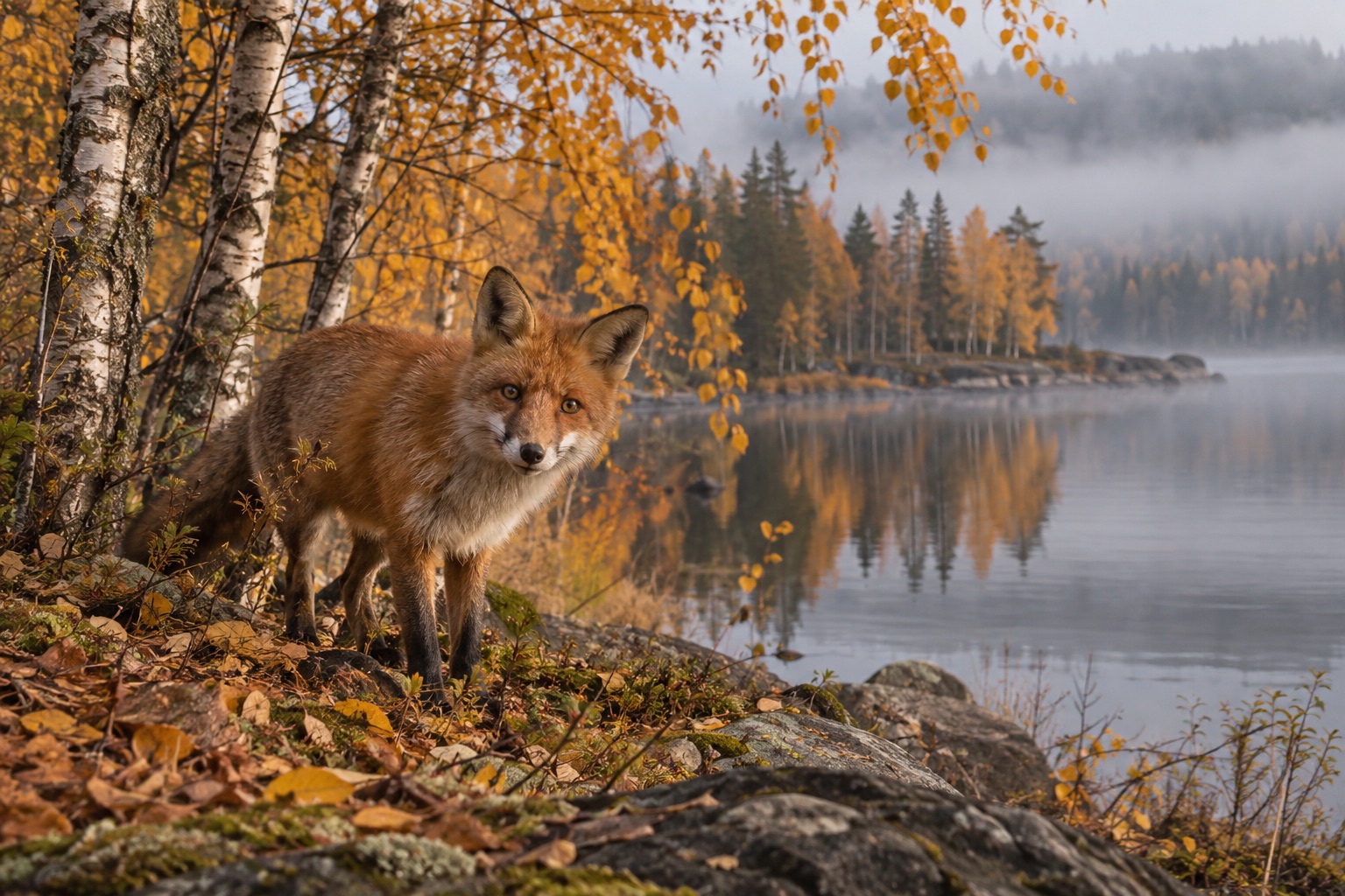 Kuvituksellinen kettu koivujen ja järven luona