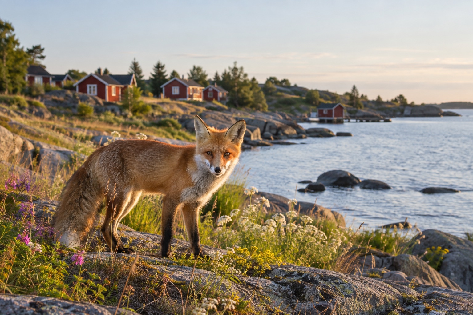 Kuvituksellinen kettu Suomen rannikon kallioilla