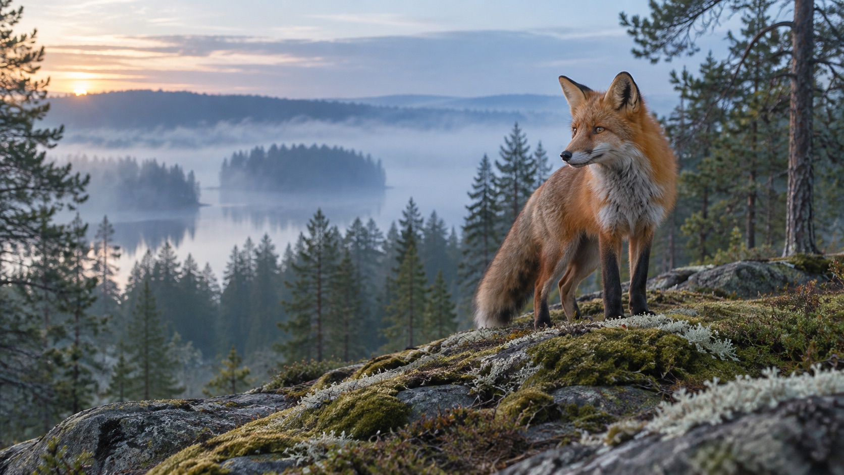Kuvituksellinen kettu suomalaisen metsäjärven yllä aamu-usvassa